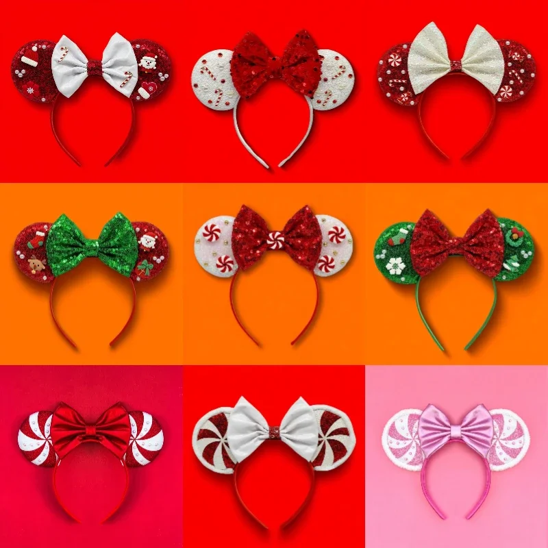 Disney Merry Christmas Headbands for Girls Mickey Ears Hair Accessories Women Spiral Candy Cane Hairbands Adults Kids Xmas Gifts
