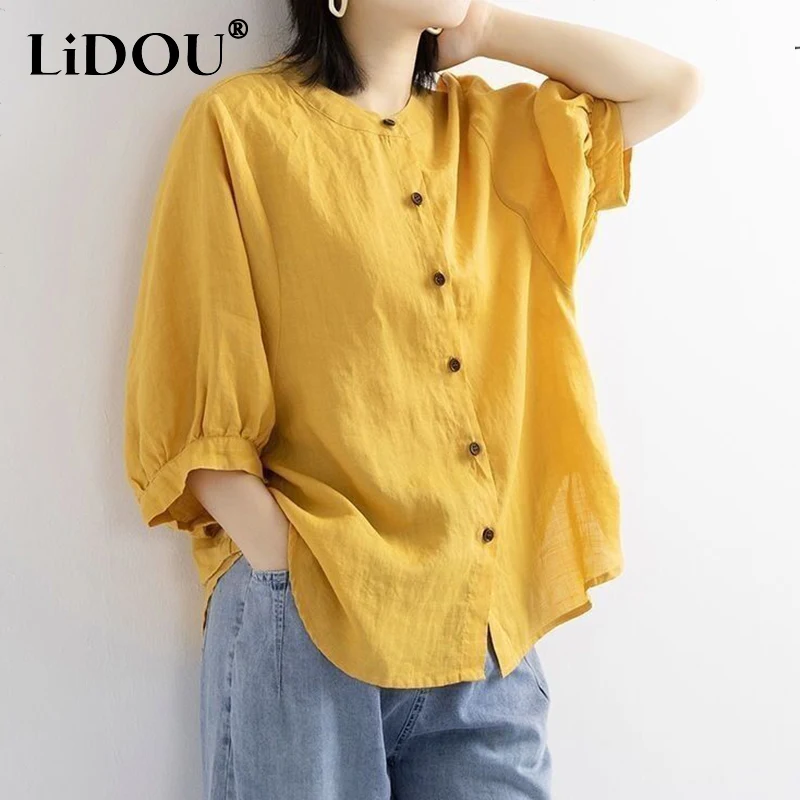 

2022 New Summer Cotton Linen Button Up Loose Casual Shirt Ladies Oversized Lantern Sleeve Blouse Vintage Round Neck Blusa Mujer