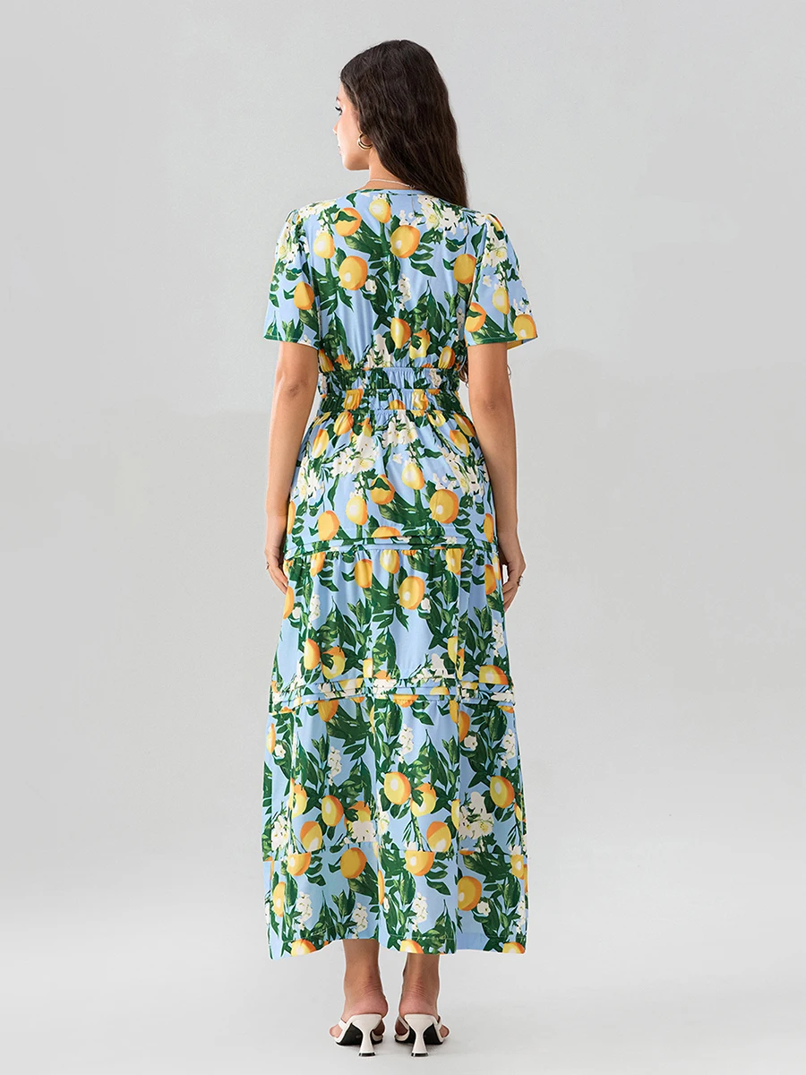 Женское длинное платье с коротким рукавом и V-образным вырезом