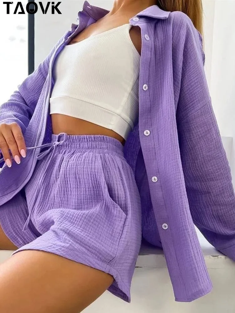 

Женский пляжный костюм из 2 предметов TAOVK, блузка с длинным рукавом и шорты с высокой талией и карманами, повседневный спортивный костюм на л...