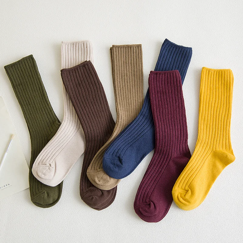 

Knee High Socks Women's Double Needle Pile Socks Draw Strip Solid Color Women's Autumn And Winter Long Cotton Personality Ins