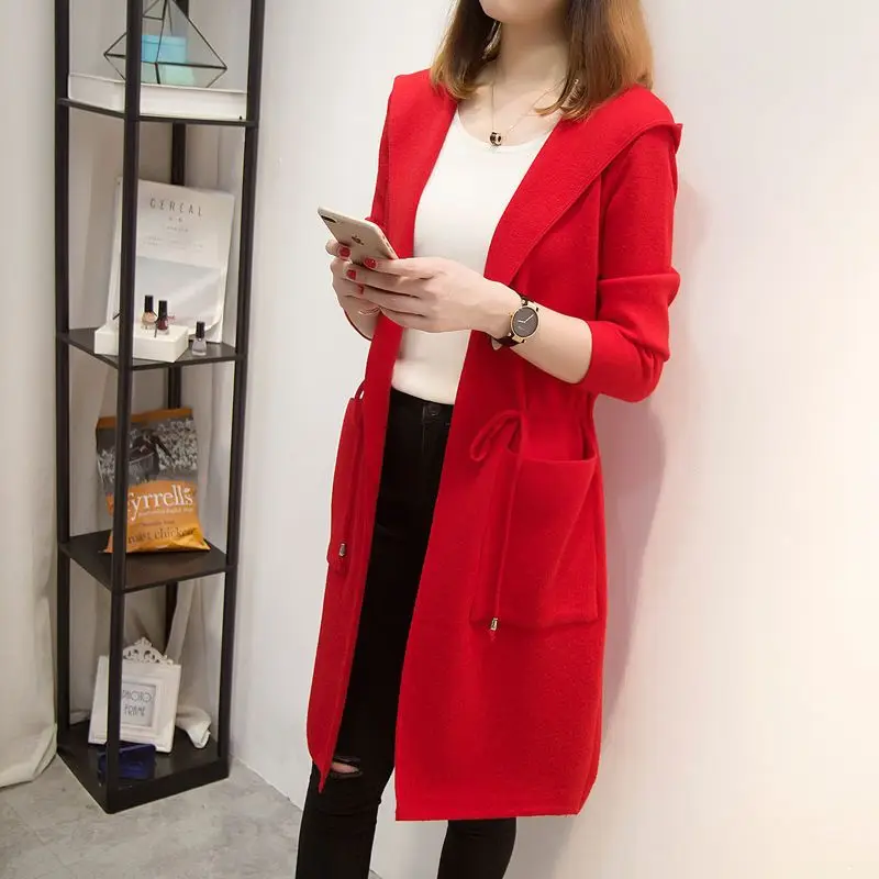 2022 Spring Autumn Women Belt Loose Hooded Knitted Long Cardigan Sweater Jacket Female Casual Warm Tricot Coat Casaco Mujer K109 |