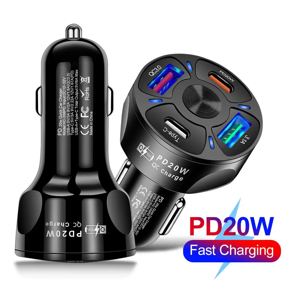 Купи 20W 4 Port USB Car Charger LED Fast Charging Plug 7A Quick Phone Charge Adapter For iPhone 12 11 Samsung Xiaomi Huawei in Car за 200 рублей в магазине AliExpress