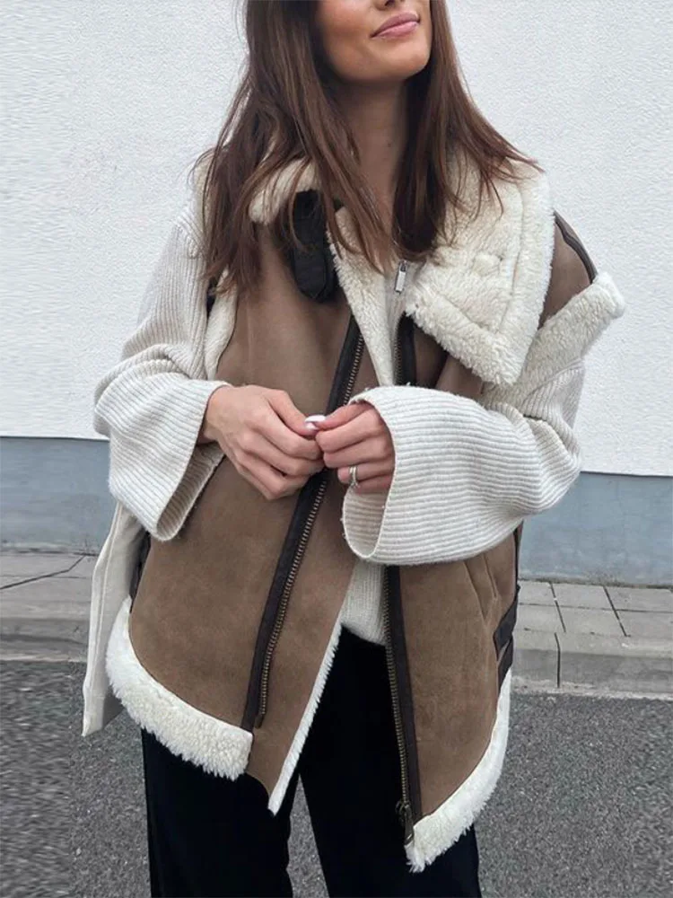 

Куртка женская из искусственной овечьей шерсти, жилет без рукавов в стиле пэчворк, свободная утепленная верхняя одежда с лацканами, зима