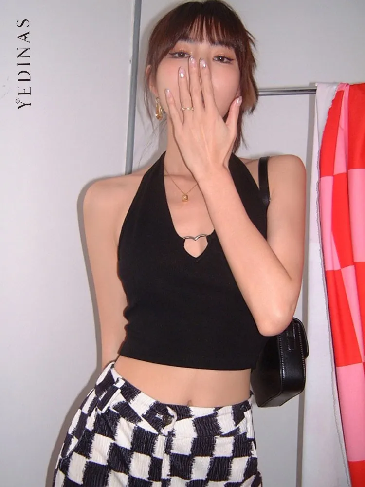 

Yedinas Heart Shaped Metal Ring Halter Tops For Women 2022 Summer Tank Top Cropped Korean Style Y2k Sexy Top Streetwear Cool