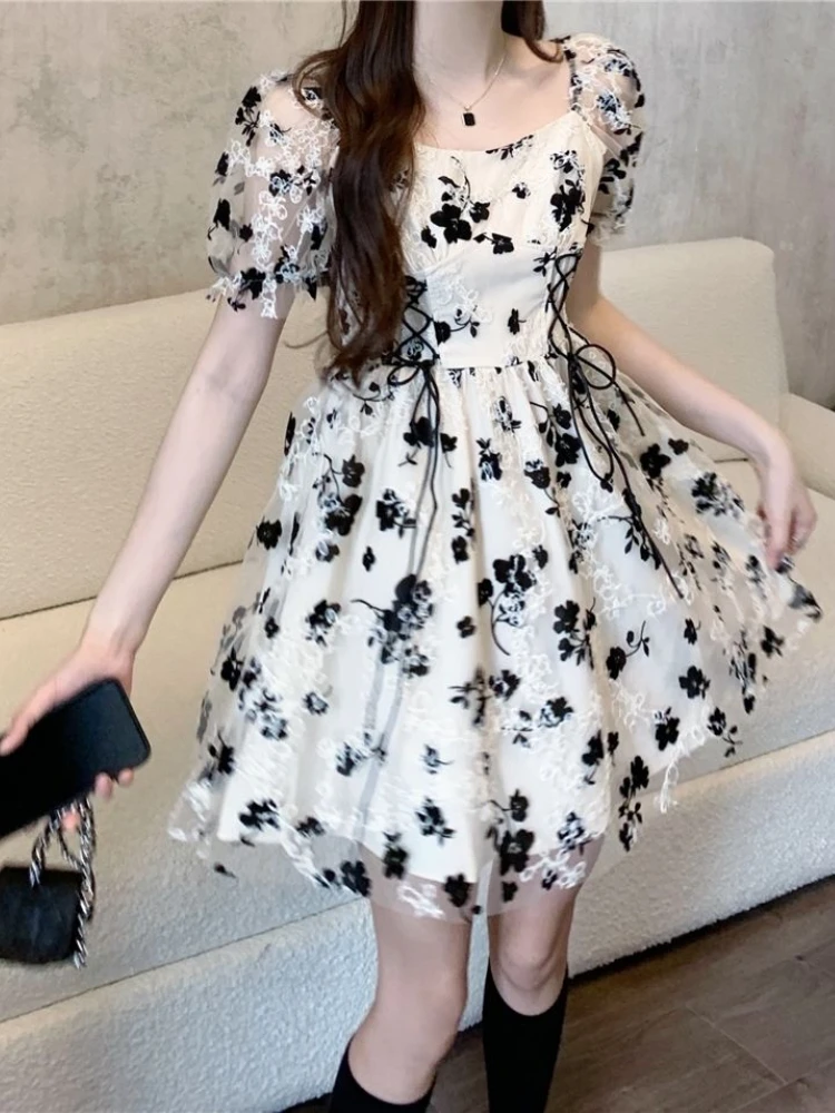 

HOUZHOU Elegant Floral Dress Women Chic Sweet Kawaii Summer Dresses Bandage Puff Sleeve Korean Fashion Sundress High Street