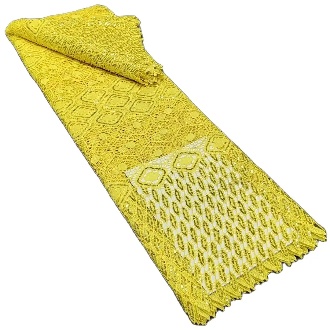 

African Lace Fabric High Quality Cord Lace Yellow Guipure Lace Women Clothing With Sequins 5 Yards