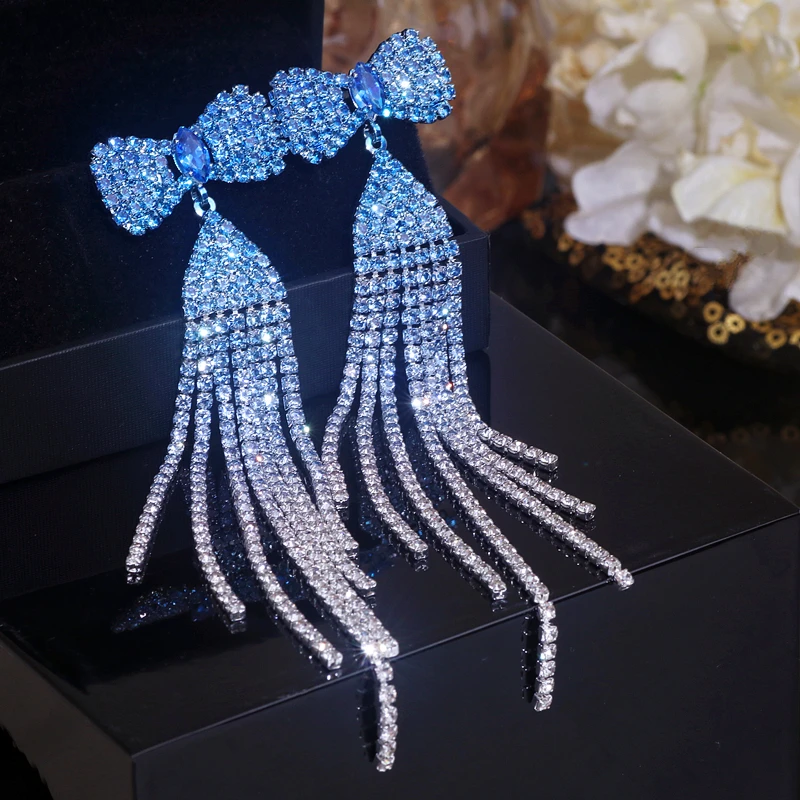

Luxury Shiny Rhinestone Crystal Long Tassel Earring for Women Girls Sweet Cute Bowknot Drop Dangling Earrings Party Jewelry Gift