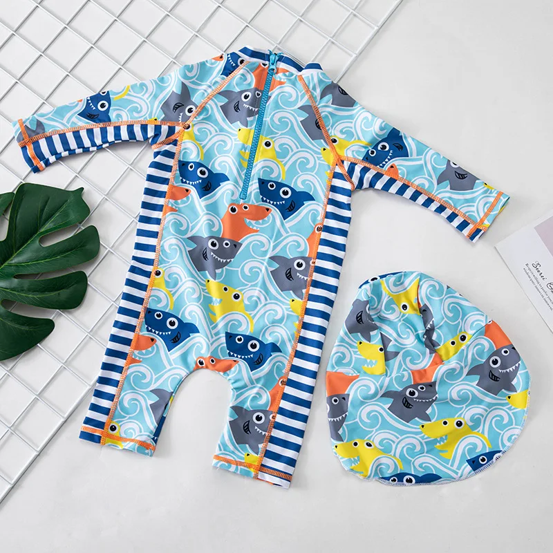 Children Swimsuit Cute Shark Print One-Pieces Sun Protection Quick Dry Swimwear Beach Bathing Hot Spring Surfing Suit Boys