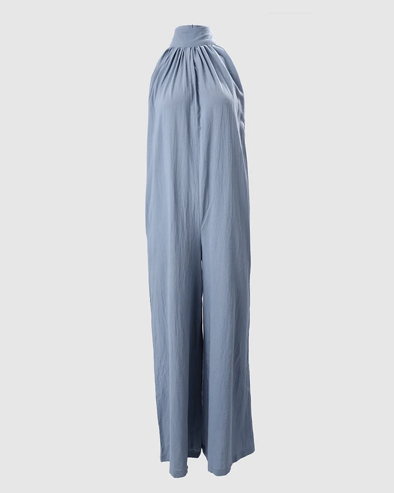 Women Fashion Solid Color Mock Neck Oneise Casual Loose Oversize Daily Sleeveless Pocket Detail Wide Leg Jumpsuit