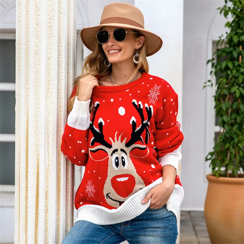 Christmas Sweater Temperament Round Neck Tops Xmas Ugly Elk Snow Print Elegant Long-sleeved Pullover Winter Warm Woolen Jumper