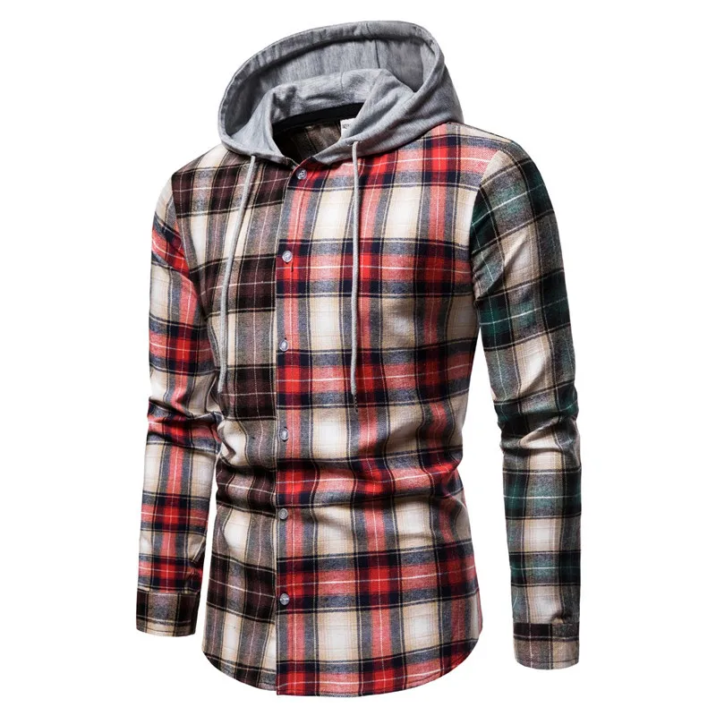 

Men's Fashionable Patchwork Plaid Shirts For Men Hoodie Casual Lightweight Button Down Shirt Jacket With Hood