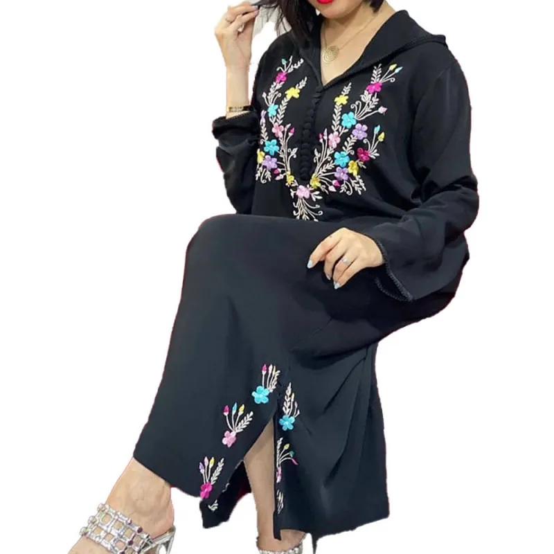 Abaya мусульманский хиджаб платье для женщин с длинным рукавом с капюшоном разрезом свободные халаты модная Цветочная вышивка мусульманский ...