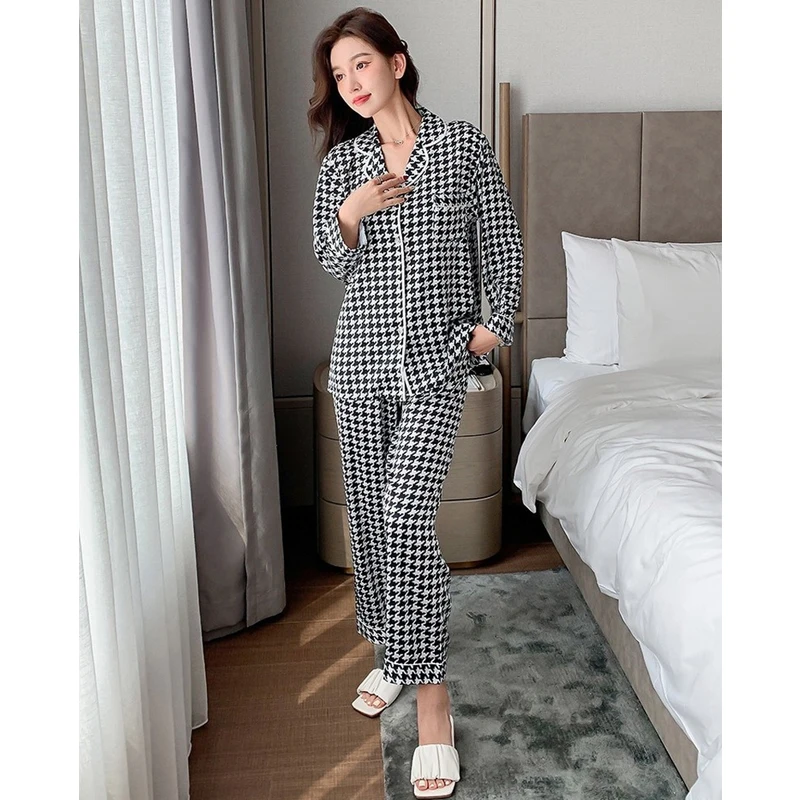 QWEEK Houndstooth Pajamas Women Silk Autumn Pijama Casual Sleepwear Bedroom Set Piece Loungewear Elegant Pyjamas Long Sleeve Pjs