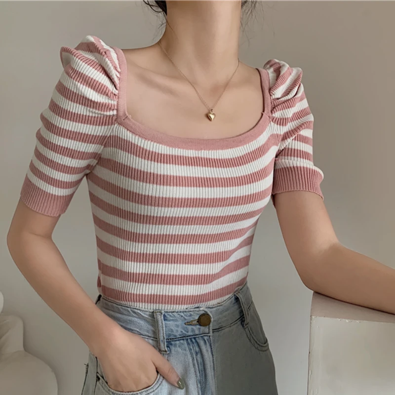 

Korean chic summer retro niche temperament hit color stripe slim square neck puff sleeve knitted tops T-shirt women