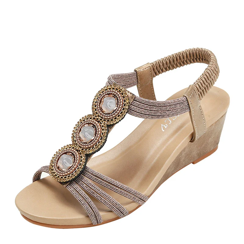 

Women Wedge Heel Sandals 2022 Summer New Lady Beaded Open Toed Slippers Female Muffin Roman Sexy Shoes Girl Party Ethnic Sandal