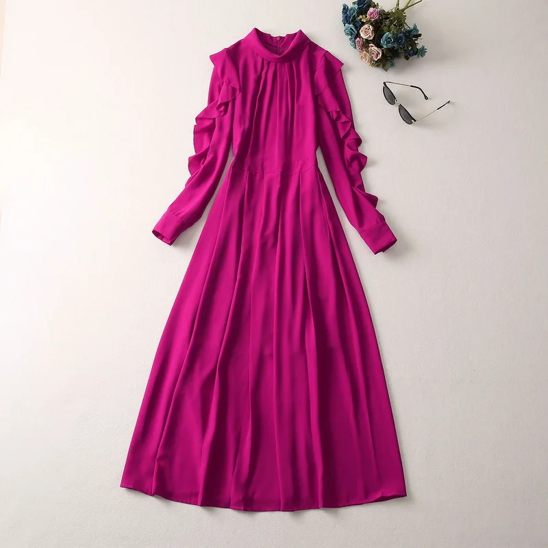 European and American women's clothes 2023 spring new Peplum long sleeve stand collar purple fashion Pleated Dress XXL