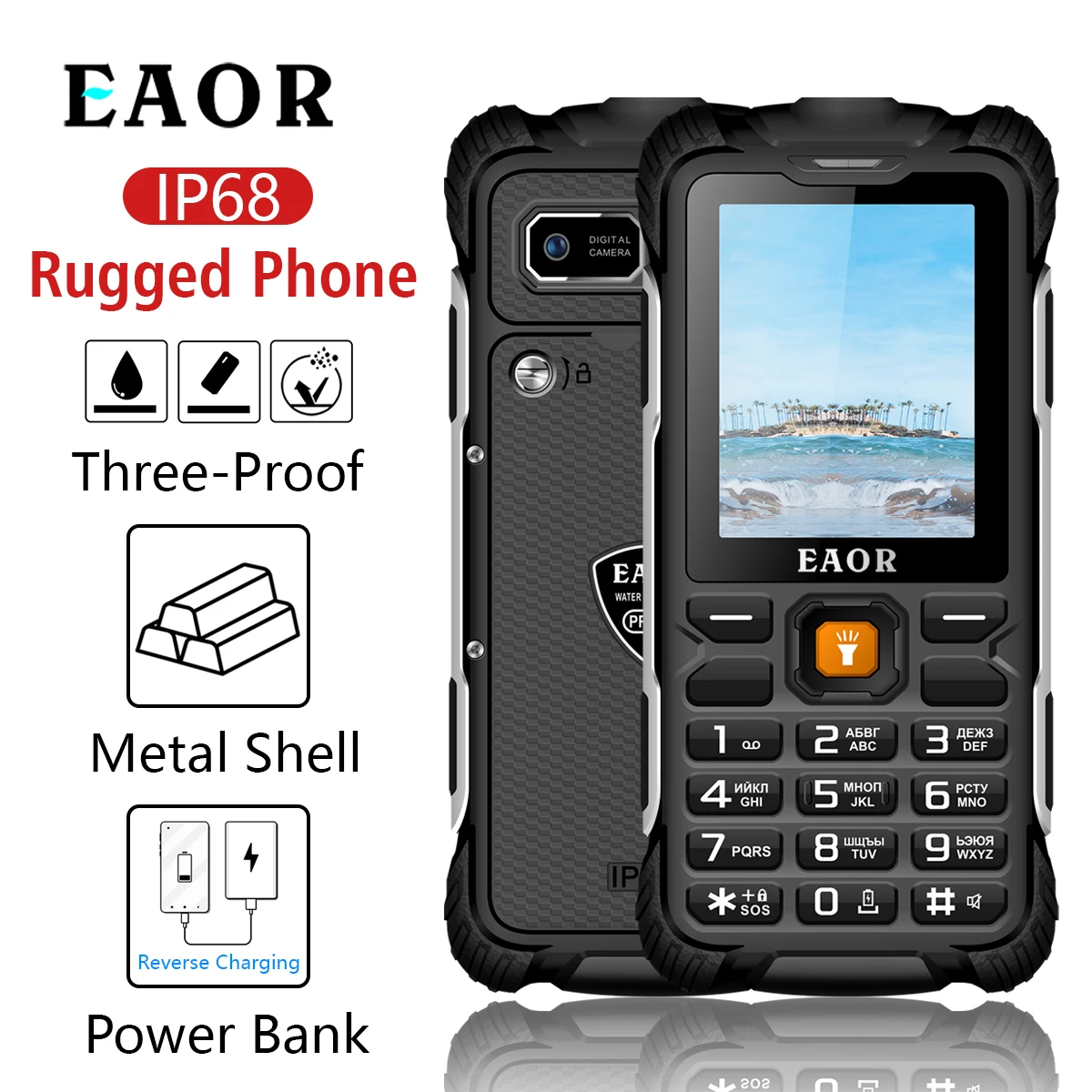 

EAOR Dual SIM Card 2G Rugged Phone IP68 Water/Dust-proof Feature Phone 3000mAh Battery Reverse Charging Keypad Phone