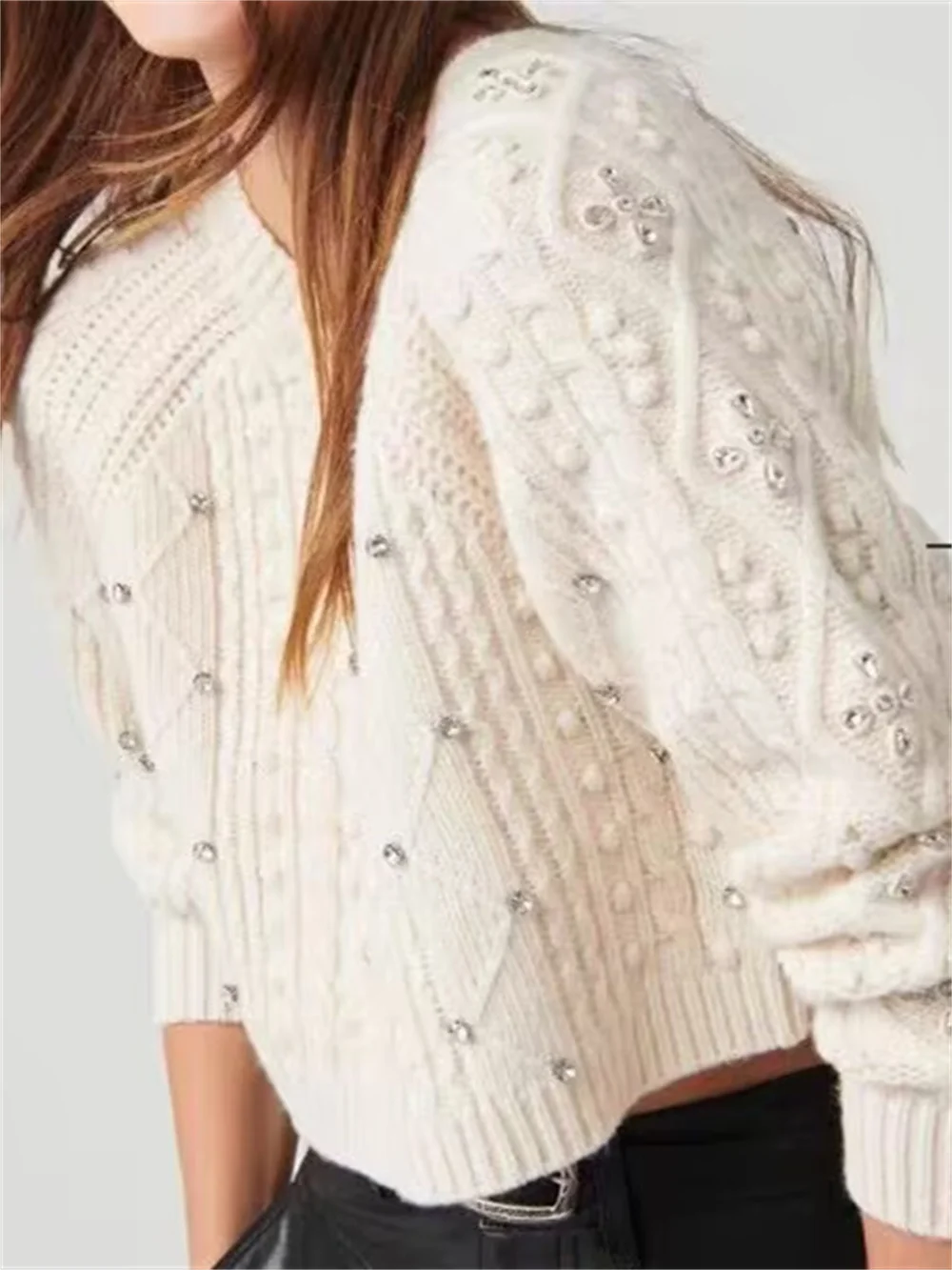 

2023 Autumn Winter New Two Sided Wear Women Rhinestone Embellished Ribbed Sweater Lady Single-Breasted Knit Cardigan Jacket