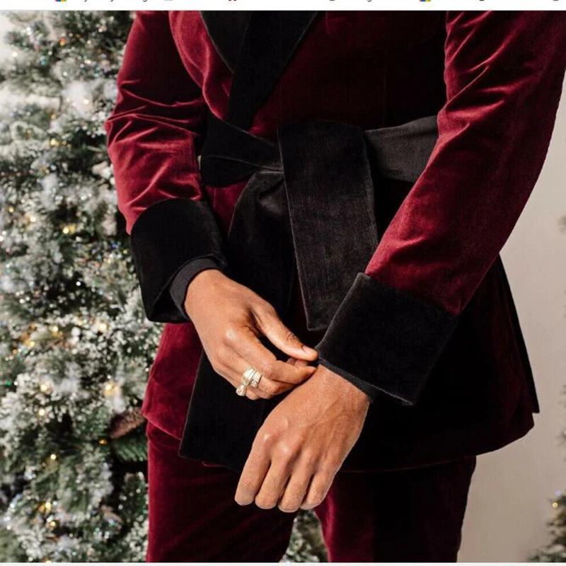 

Бархатные смокинги для жениха винного цвета, черные бархатные Мужские костюмы с воротником шалью и лацканами, свадебные костюмы из двух предметов, искусственная кожа (пиджак + брюки)