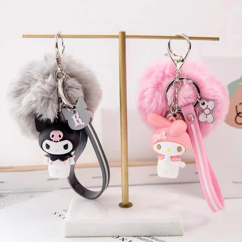 

Hello Kitty Cute Sanrio Kuromi Penguin Frog Dog Cat Keychains with Fluffy Rabbit Fur Ball Women Girl Bag Pendant Keyring Gifts