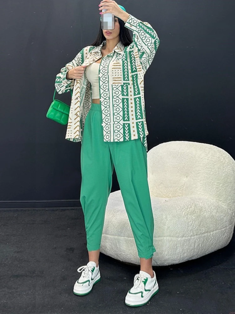 

23 Spring and Autumn Loose Polo Collar Long Sleeve Shirt Printed Top Fashion High Waist Halen Pants 2 Piece Sets Womens Outfits
