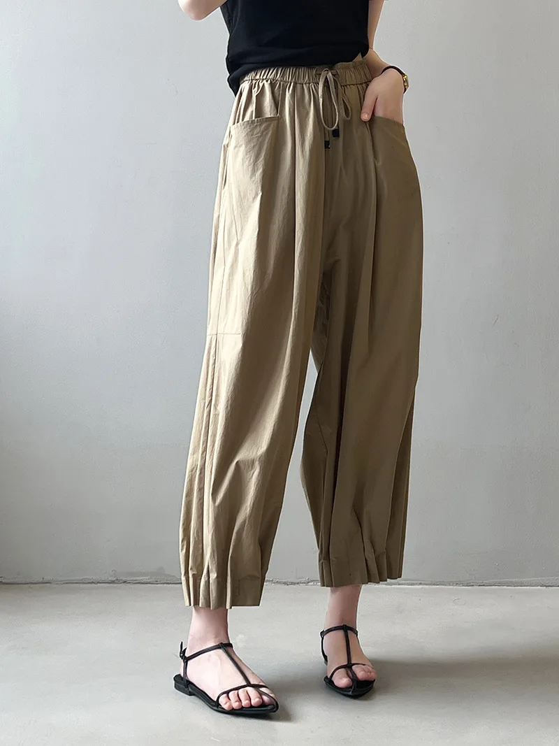 

Летние винтажные брюки до щиколотки с эластичным поясом и широкими штанинами, со шнурком, плиссированный дизайн на Подоле и эффект похудения для женщин