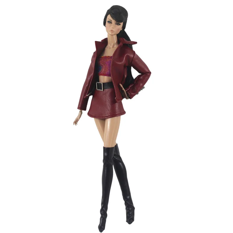 Винный Кожаный Модный комплект одежды для куклы Барби короткое пальто куртка
