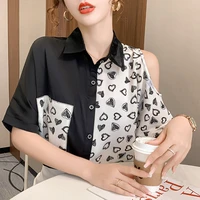 summer womens blouse bat short sleeve top korean fashion viscose sexy patchwork print loose polo shirt movafag