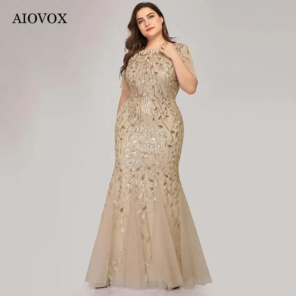 

AIOVOX Elegant Plus Size Mermaid Evening Dresses Appliques Short Sleeve Trumpet Vestidos De Noche Floor Length Robes De Soirée