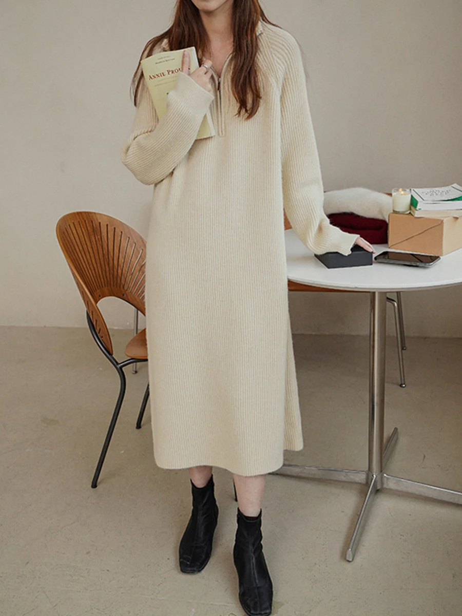 

Womens Autumn Winter Long Lapel Loose Sweater Dress Solid Color Lapel Quarter Zip Long Sleeve Knit Midi Dress Ladies Streetwear