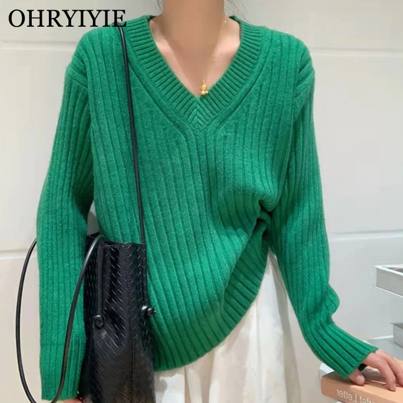 

Green Korean Loose Sexy V-Neck Sweater Pullover Women 2022 Winter Warm Soft Jumper Female Elasticity Pullovers Knitted Sweaters