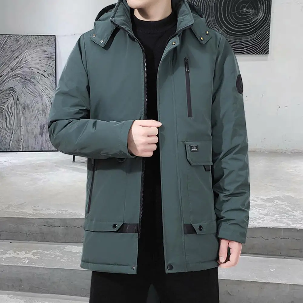 Winter Men Jacket Thicken Cotton Padded Long Sleeve Solid Color Plus Size Coat Loose Windproof Hooded Outwear Streetwear