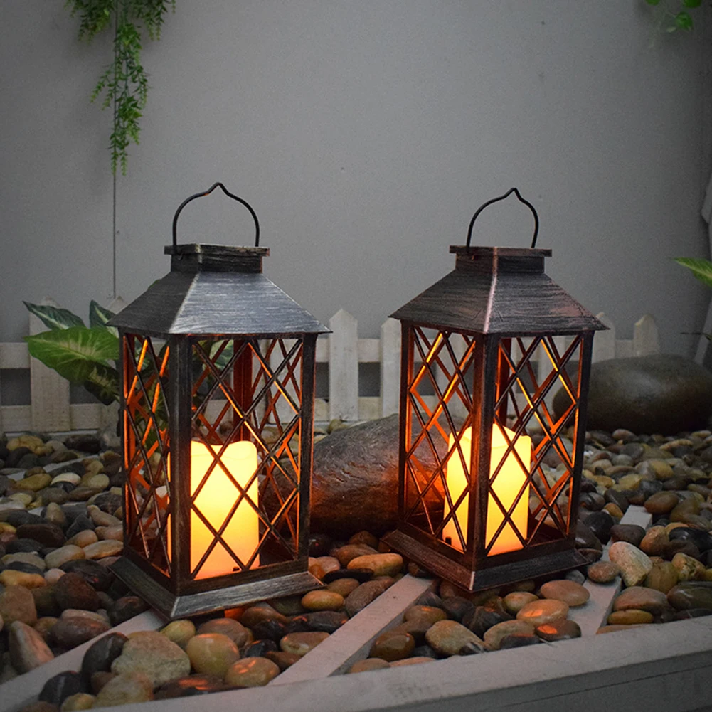 

Lawn Lamp Solar Light Lantern Shape Hollow Designs Vintage Solar Powered Hanging Greensward Lamp for Decoration
