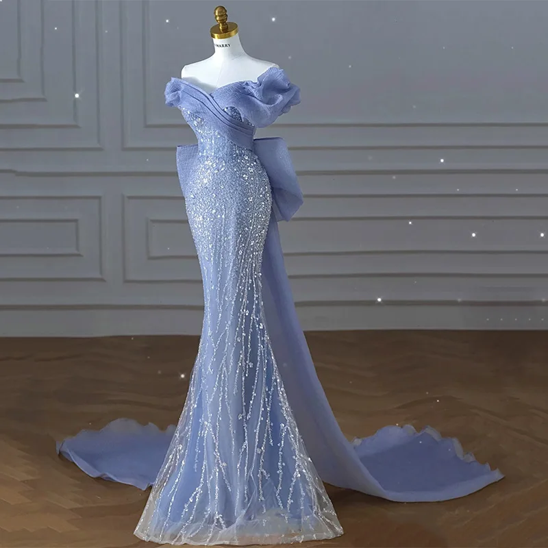 

Luxury Blue Prom Dresses Off Shoulder Sequins Mermaid Detachable Bow Train Pleated Evening Gowns Patchwork Slash Neck Vestidos