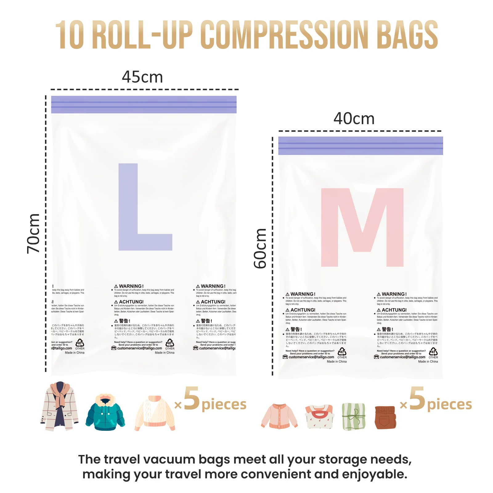 

TAILI Свернутые компрессионные пакеты Многоразовые вакуумные пакеты для хранения для органайзера для путешествий Экономия места в чемодане Насос не требуется