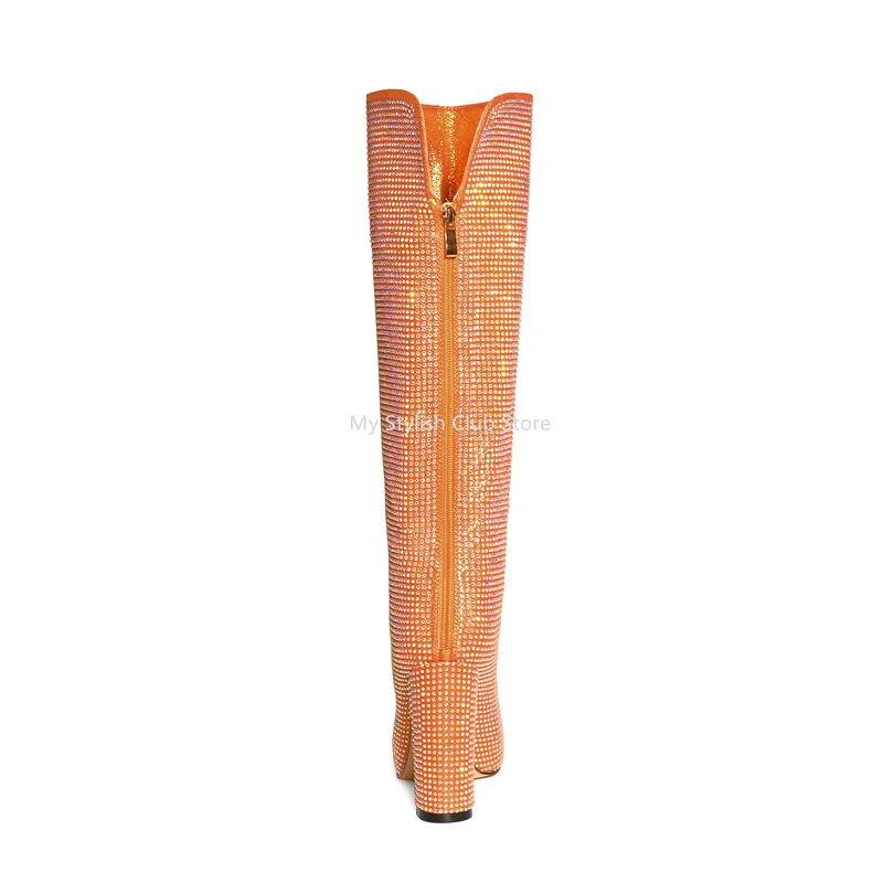 Женские сапоги со стразами обувь на толстом квадратном каблуке 11 см Прямые до