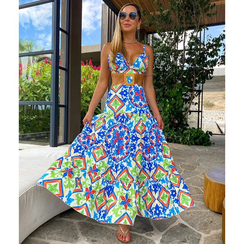 

Beach Dress Women Summer 2023 New Print Skirt Hollow Out High Waist Sexy Backless Polyester Kaftan Cover Up Swimsuit Swimwear