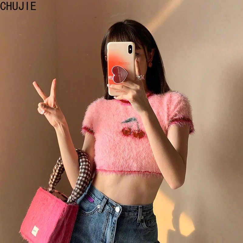 

2022 Summer Round Neck Short Sleeve Pink Lovely Sweet Girl T-Shirts Casual Slim Crop Top Fashion Female Streetwear Tees