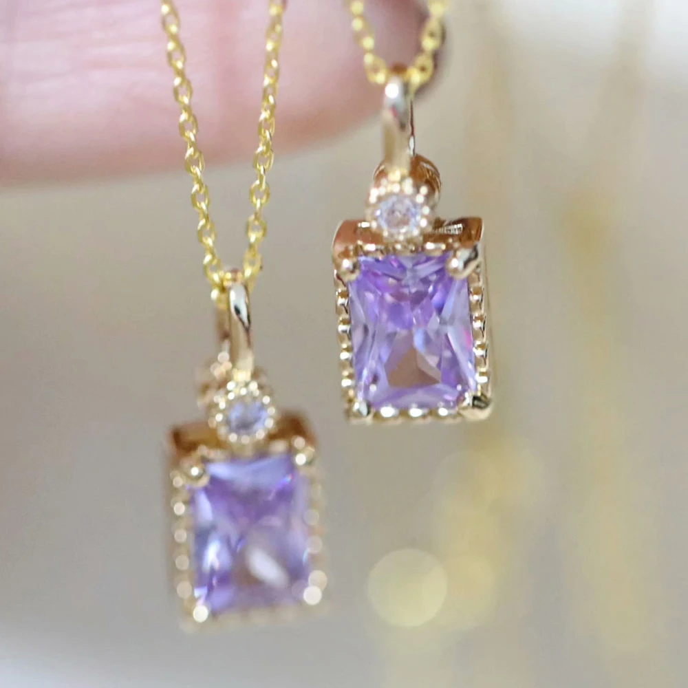 

WPB 925 Sterling Silver Necklace Zirconia Purple Diamond Baguette Pendant Necklace Ladies Clavicle Chain Luxury Jewelry Gift