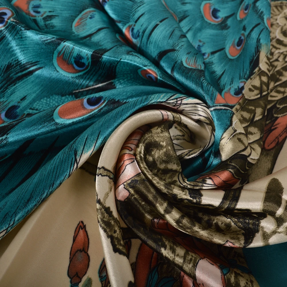 Сине-зеленая шелковая шаль BYSIFA с павлином женский шарф на шею осень и зиму летние