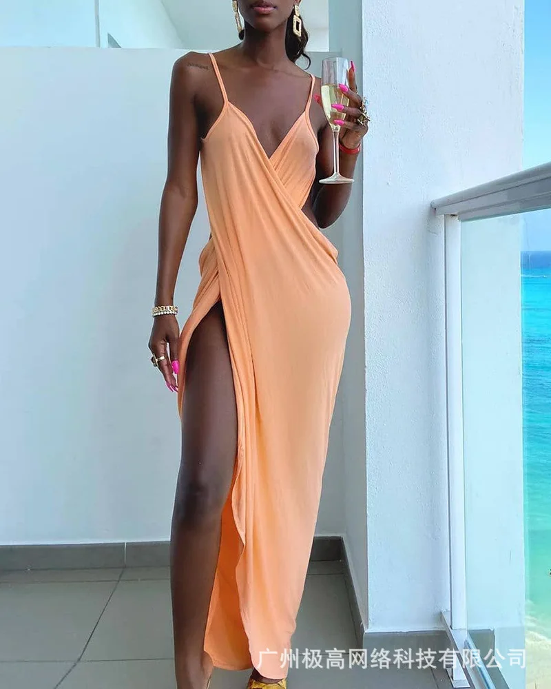 

Женское длинное облегающее вечернее платье без рукавов, вечерние V-образным вырезом, высокой талией, на бретелях-спагетти, с высоким разрезо...