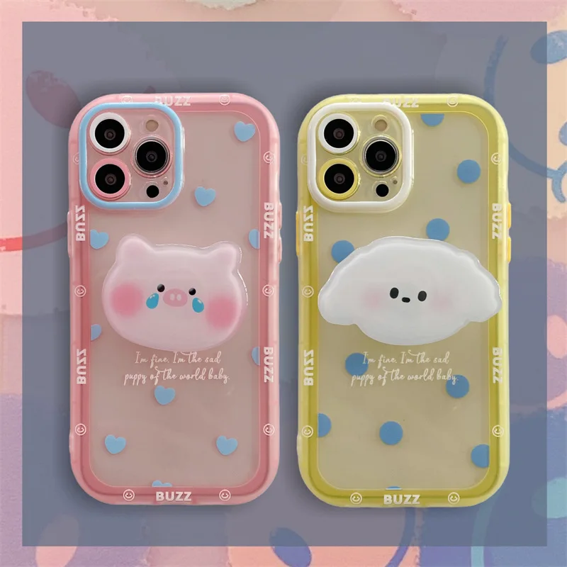 

Wave Point Cartoon Dog Piggy Phone Case for IPhone11 12 13 Pro Max Mini X XR Cover Transparent Phone Case Protective Shell