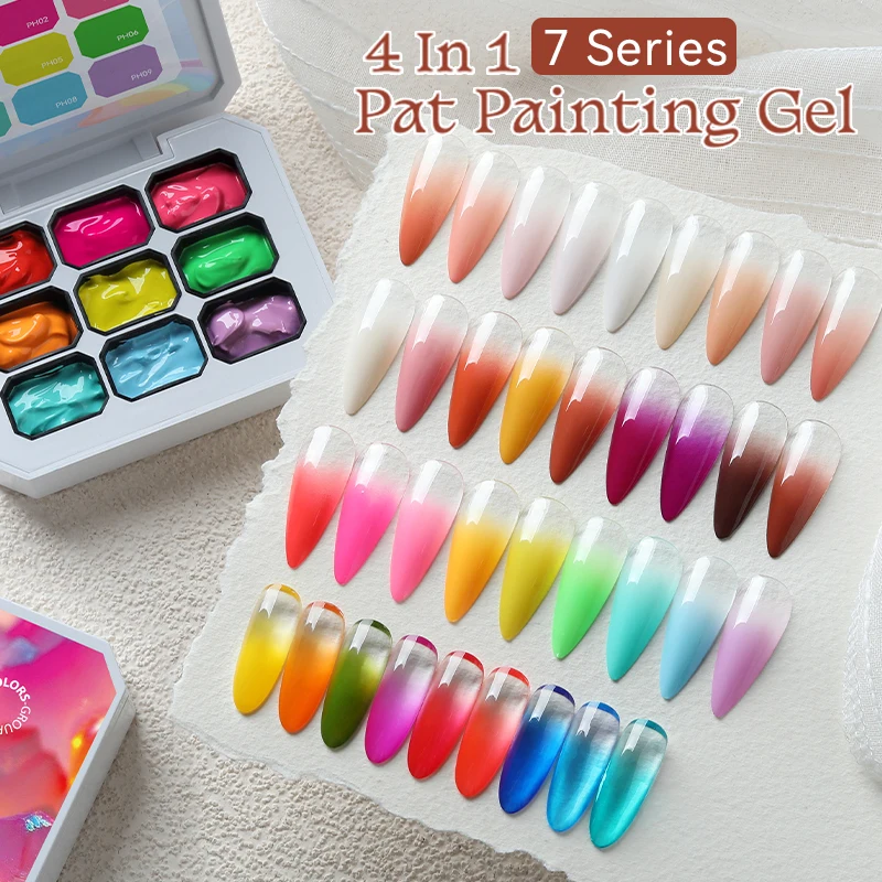 Фото UR SUGAR 9Grids Gradient Nail Pat Gel Palette Похлопывание Живопись Штамповка Румяна Гель-лак для ногтей Soak Off УФ-светодиодный гель-лак №4