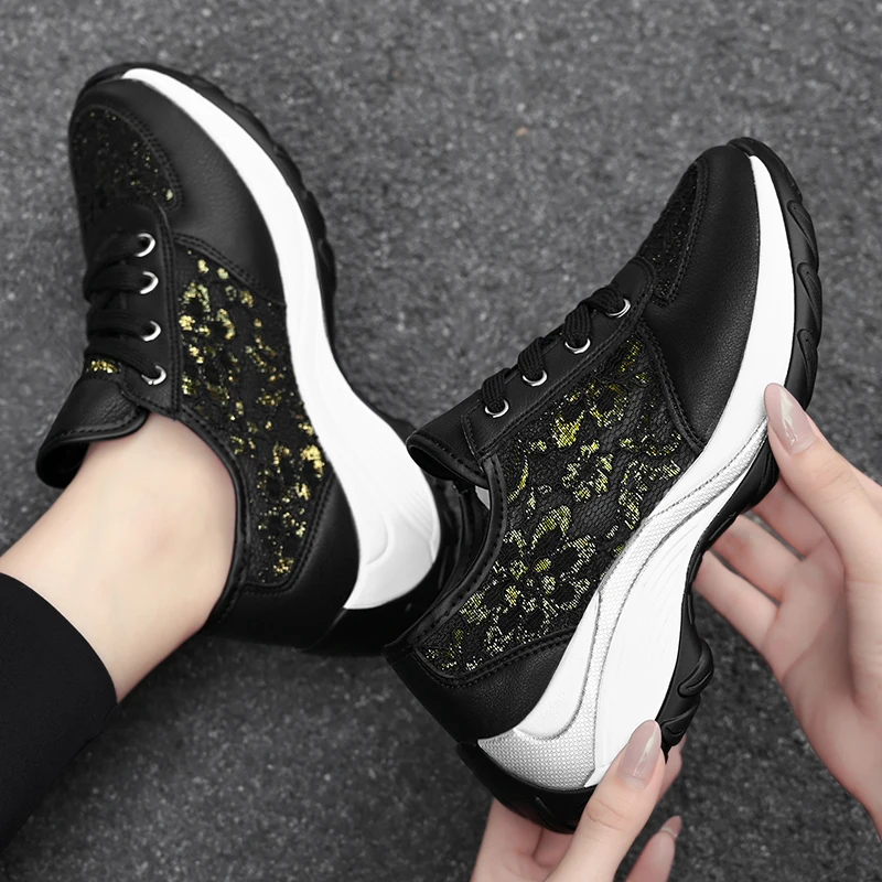 Women New Brand Fashion Casual PU Leather Jointed Lace Sport Shoes Female Summer Breathable Lightweight Lace-up Leisure Sneakers