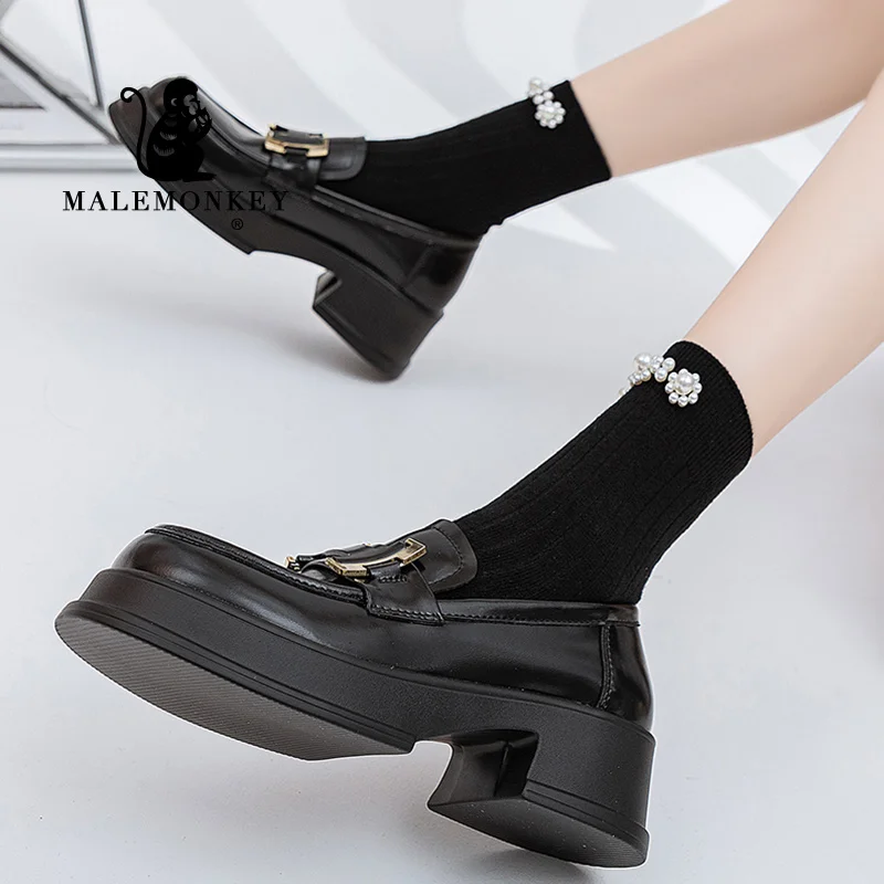 Platform Loafers Women Chunky Heel Penny Shoes Black 2023 High Qualtiy Office Retro Round Toe Slip-on Ladies Shoes Handmade