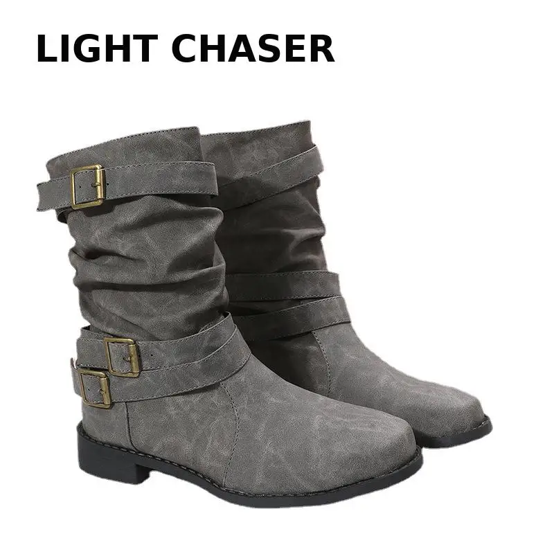 Winter New Foreign Trade Boots Round Head Flat -bottomed Large Size Women's Boots Smoke Boots Belt Buckle Female Short Boots 43