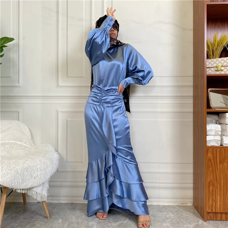 Islamic Satin Muslim Dress Women Turkish Abaya Dubai Round Neck Button Down Shirt 3 Layers Slim Fit Long Skirt 2 Piece Set Party