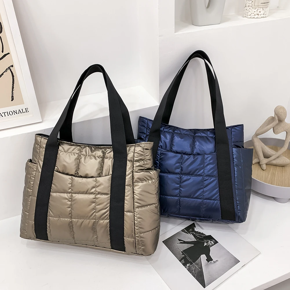 

Women Quilted Lattice Shoulder Nylon Bag Vintage Solid Color Large Tote Handbags for Outdoor Shopping Travel