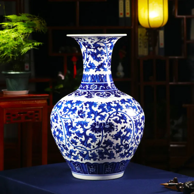 

Китайская классическая фарфоровая напольная ваза Lagre с ручной росписью, сине-белая, Большая Керамическая Цветочная ваза Цзиндэчжэнь для до...